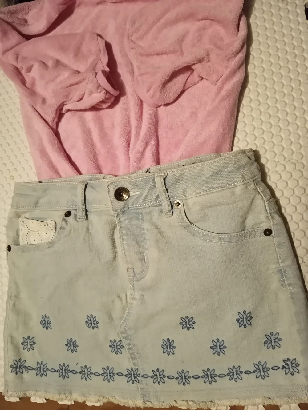 Lucky Brand Girls Light Blue Denim Skirt with Pink Top and Painted Details